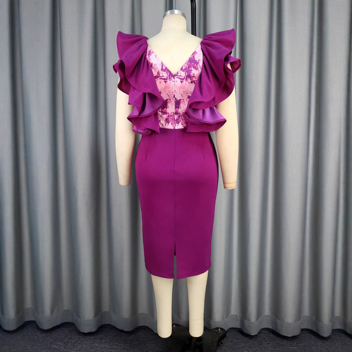 Glamouröses Damen-Abendkleid in Lila mit Rüschen, figurbetont und elegant, für festliche Partys und Events.