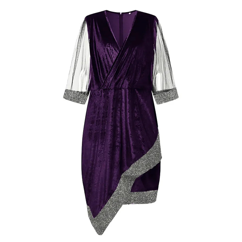 Glitzerndes Langarm-Herbstkleid in Übergröße, ideal für elegante Anlässe und Feste.