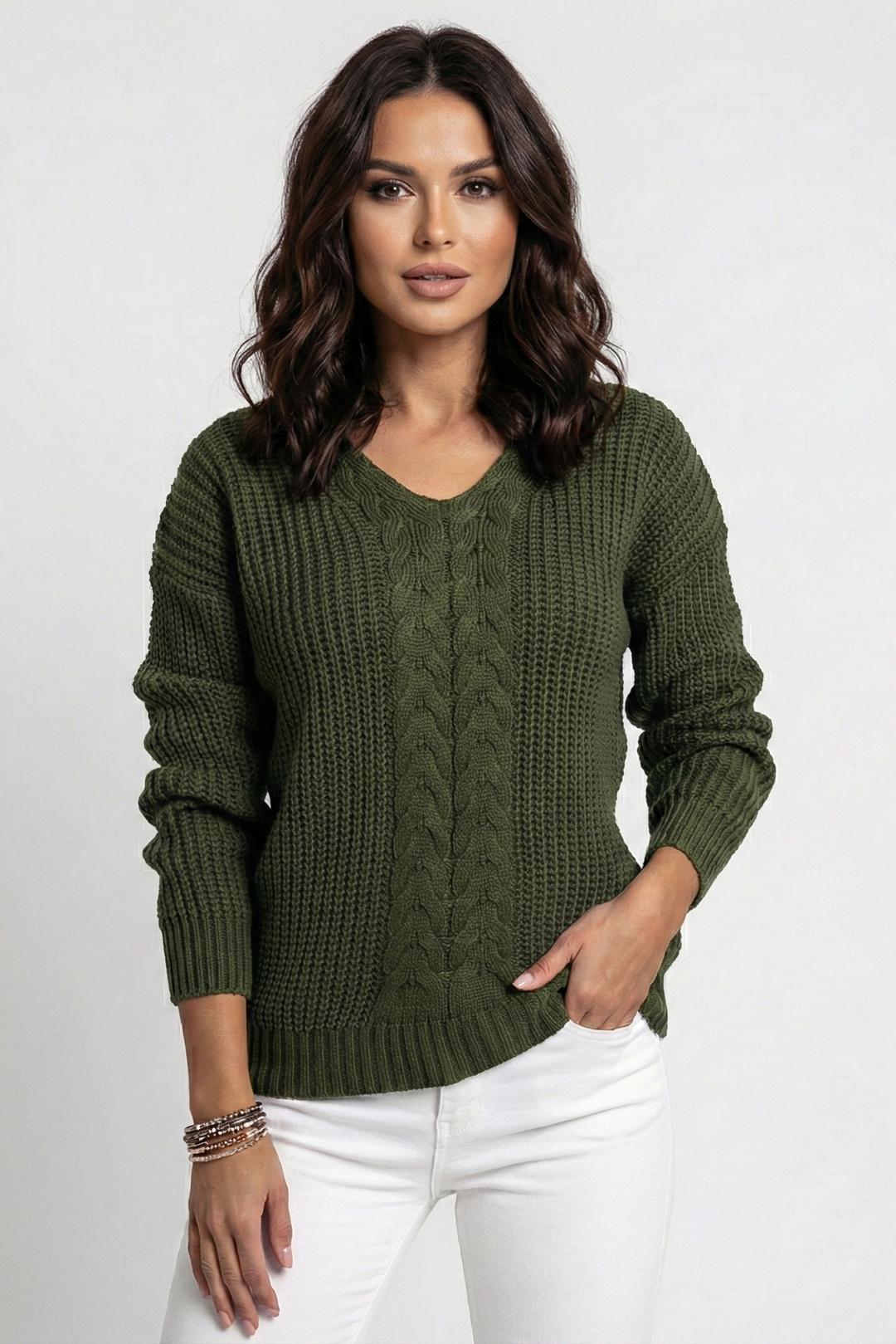 Lockerer Damen Langarm-Strickpullover Carla mit V-Ausschnitt, bequem für Alltag und Herbst.