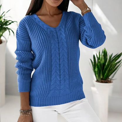 Eleganter Damen Zopfmuster-Pullover mit langen Ärmeln und V-Ausschnitt, ideal für Herbst & Winter.