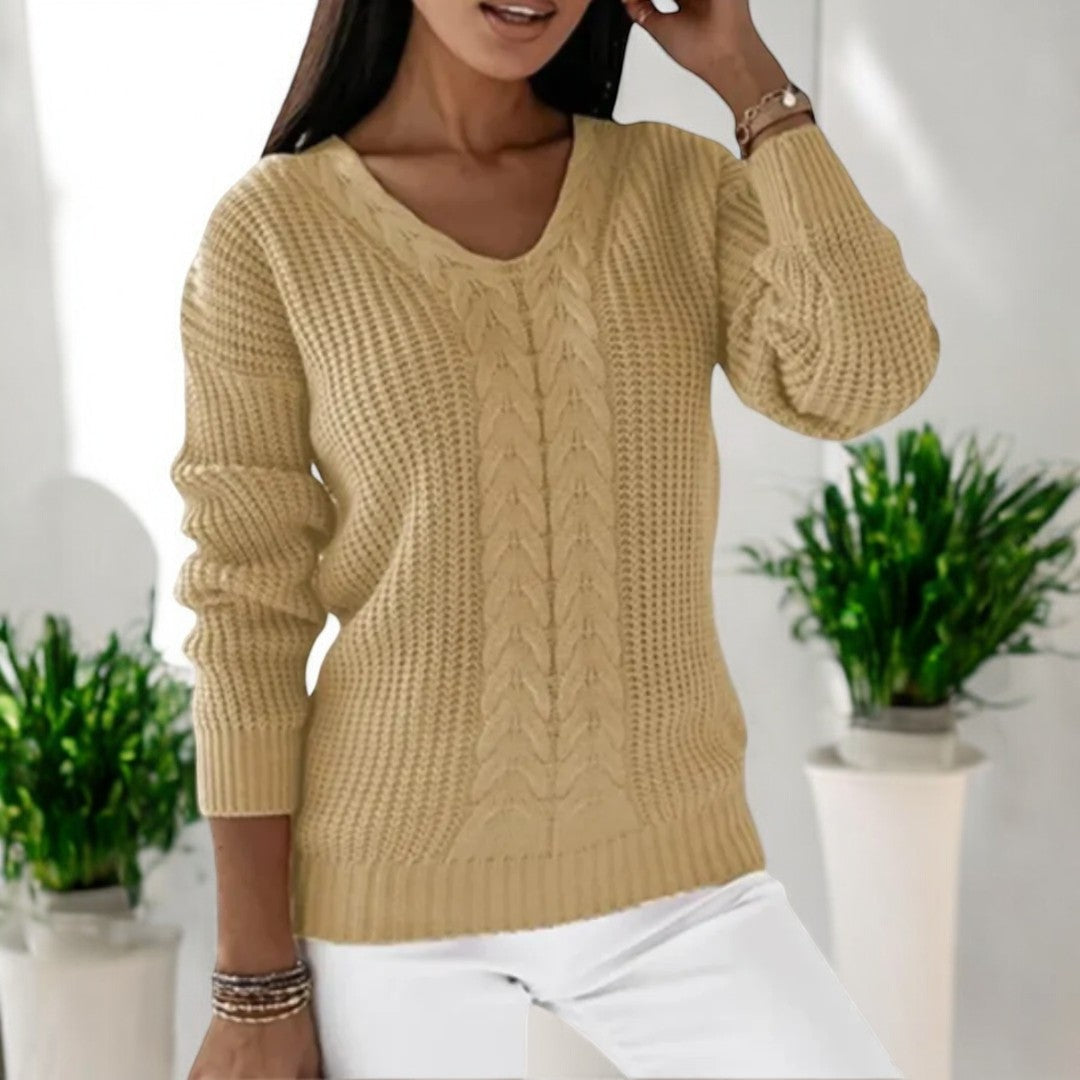 Komfortabler Damen Langarm-Strickpullover mit V-Ausschnitt und lockerem Schnitt, ideal für den Winter.