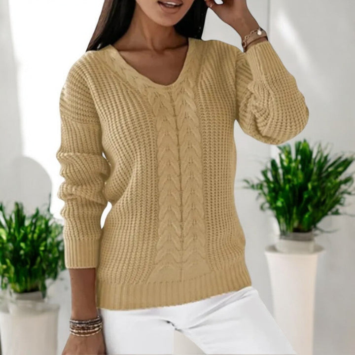 Komfortabler Damen Langarm-Strickpullover mit V-Ausschnitt und lockerem Schnitt, ideal für den Winter.