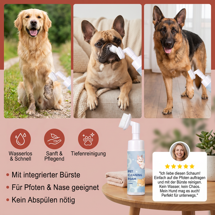 Praktischer Hunde Pfoten Reinigungsschaum & Bürste für saubere Pfoten. Schnelle, wasserlose Anwendung für Zuhause.