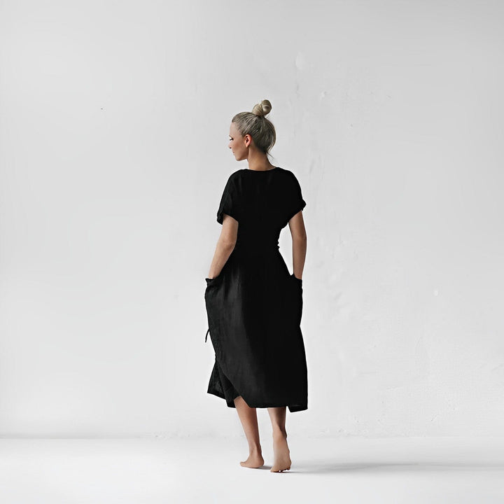 Trendiges Damen Midikleid mit V-Ausschnitt, Wickelgürtel & Kimonoärmeln. Leichtes & elegantes Sommerkleid.