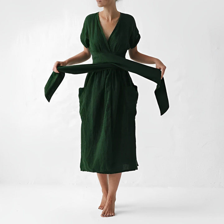 Damen Midikleid für Frühling & Sommer mit V-Ausschnitt & Wickelgürtel. Elegantes & leichtes Sommerkleid.