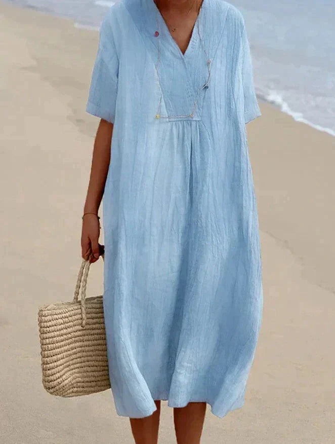 Luftiges Baumwoll-Leinen Sommerkleid Aria für Damen. A-Linie, V-Ausschnitt. Optimal für Freizeit & Strand.