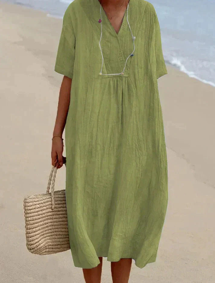 Stilvolles Damen Sommerkleid, A-Linie, V-Ausschnitt. Perfekt als Strandkleid oder Freizeitkleid für Urlaub & Frühling.