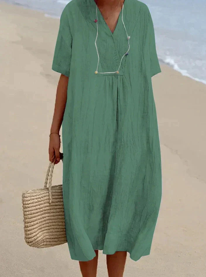 Leichtes & bequemes Damen Sommerkleid, einfarbig, kurzarm. Ideales Freizeit- oder Strandkleid mit V-Ausschnitt.