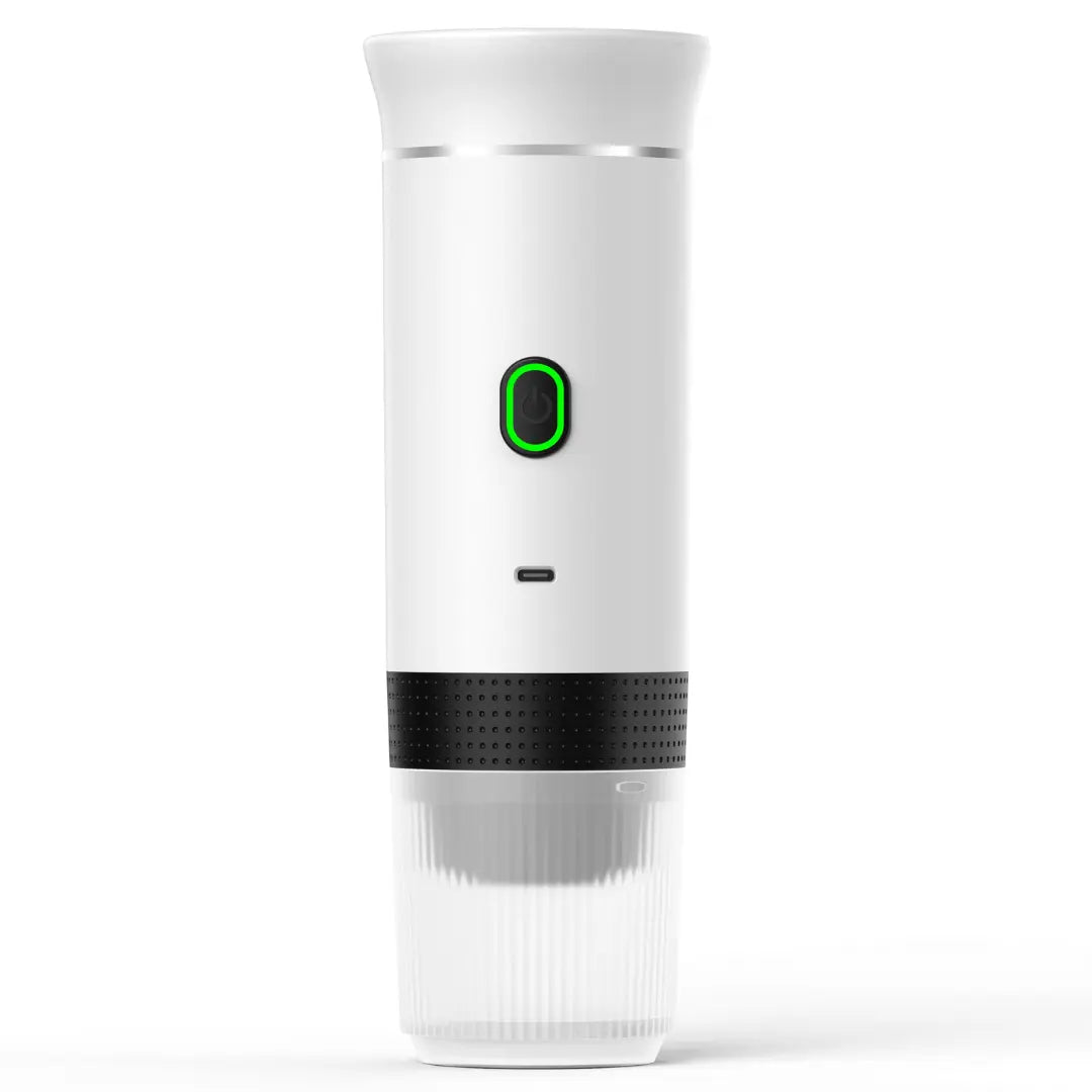 Kompakte Espressomaschine im schlanken Design, ideal als Reisekaffeemaschine oder für schnellen Kaffee in der Küche.