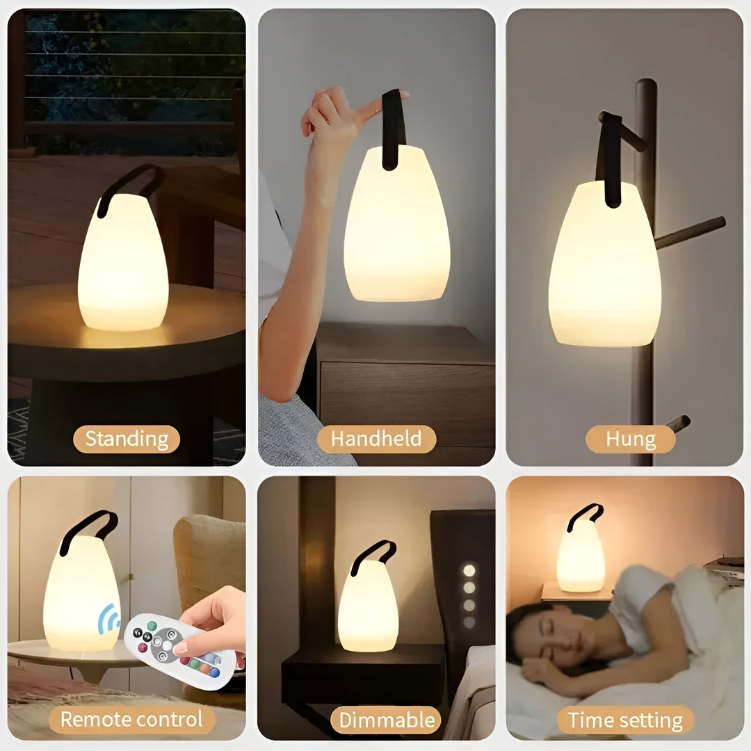 Tragbare Lumora LED Campinglampe, kabellos, wasserdicht, RGB, dimmbar, für gemütliche Abende draußen.