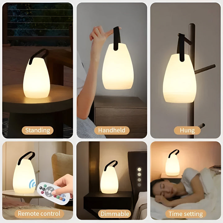 Tragbare Lumora LED Campinglampe, kabellos, wasserdicht, RGB, dimmbar, für gemütliche Abende draußen.