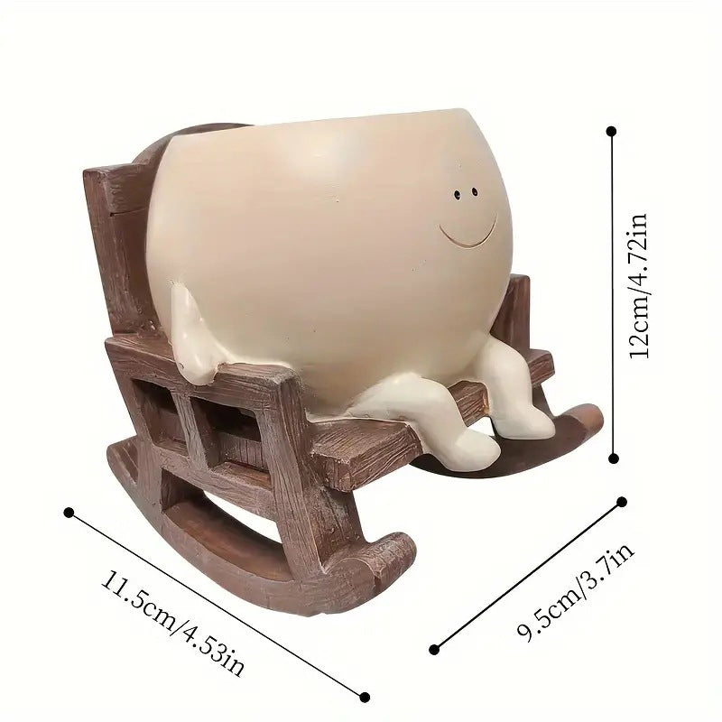 Robustes Harz Pflanzgefäß: Lachendes Gesicht im Schaukelstuhl als lustige Deko für Garten & HomeDecor.