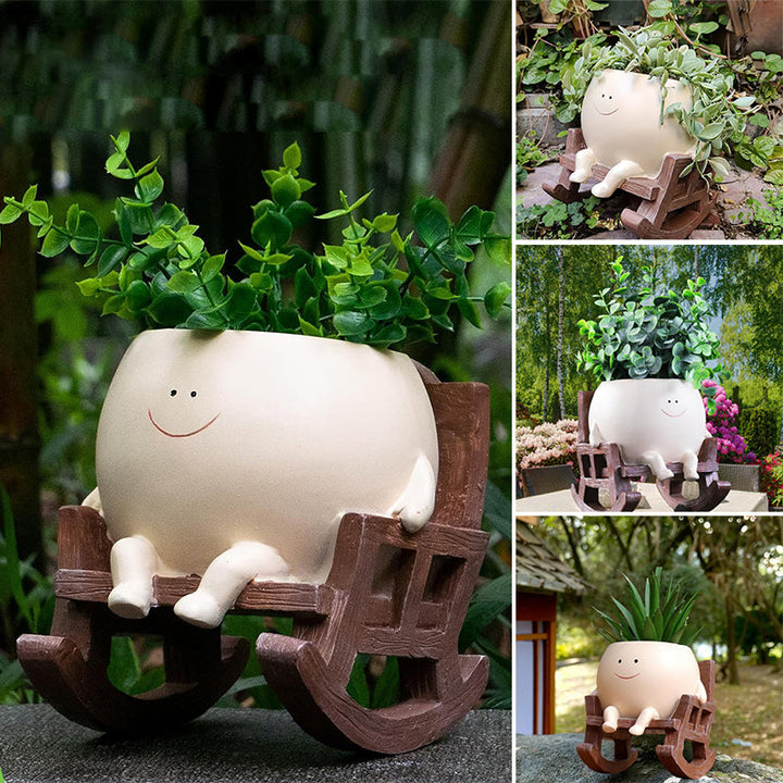 Charmantes HomeDecor Pflanzgefäß: Lachendes Gesicht Figur im Schaukelstuhl, ideal für Zimmerpflanzen.