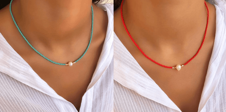 Stilvolle Damen Perlenkette. Vielseitiger Perlenschmuck, elegantes Accessoire in verschiedenen Farben.