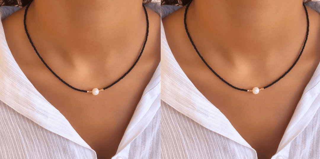 Auffällige rote Damen Perlenkette. Lebendiger Perlenschmuck, ein modisches Accessoire für Damen.