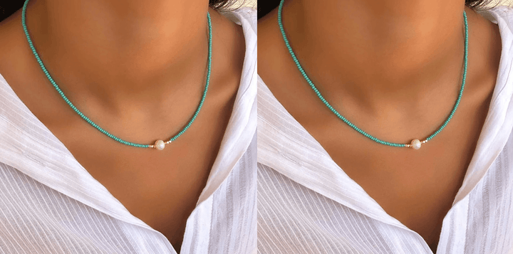 Türkise Damen Perlenkette. Einzigartiger Perlenschmuck, stilvolle Halskette und elegantes Accessoire.