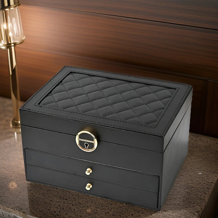 Damen Schmuckbox mehrschichtig aus luxuriösem PU-Leder, elegantes Design für anspruchsvolle Schmuckorganisation.