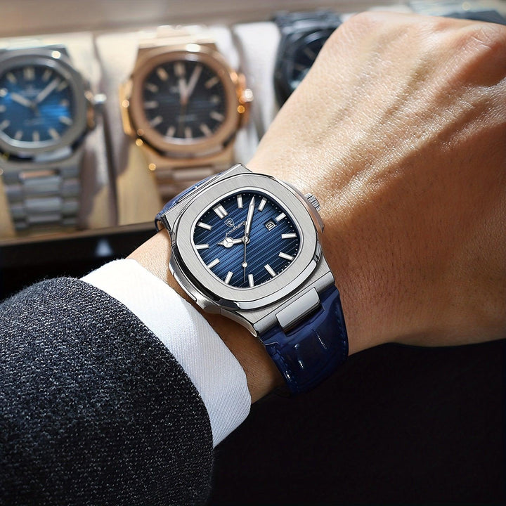 Rückseite der präzisen Herrenuhr, Details des robusten, wasserdichten Gehäuses, zeitloses Männer-Accessoire.