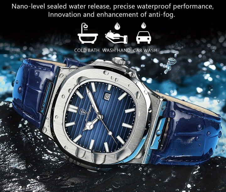 Detailaufnahme der eleganten Herrenuhr: präzises Zifferblatt, wasserdicht und ideal für stilbewusste Männer.