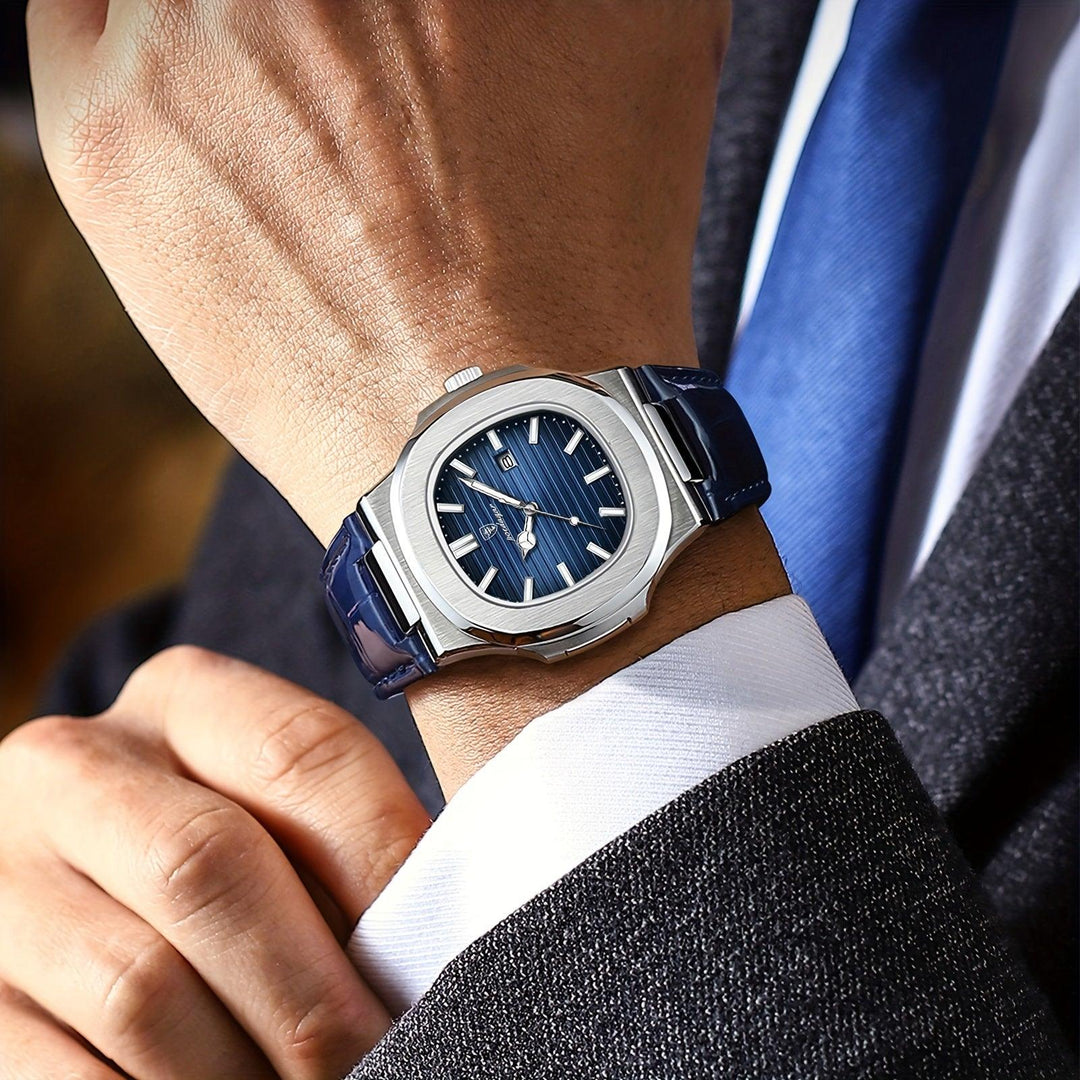 Klassische Herrenarmbanduhr am Handgelenk, ein stilvolles und robustes Accessoire für Business und Freizeit.