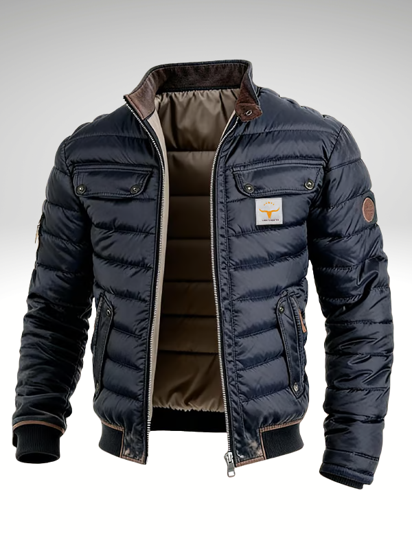 Luxuriöse marineblaue Herren Steppjacke, stilvoll und warm, ideal für den Winter. Eine elegante Freizeitjacke für Herren.