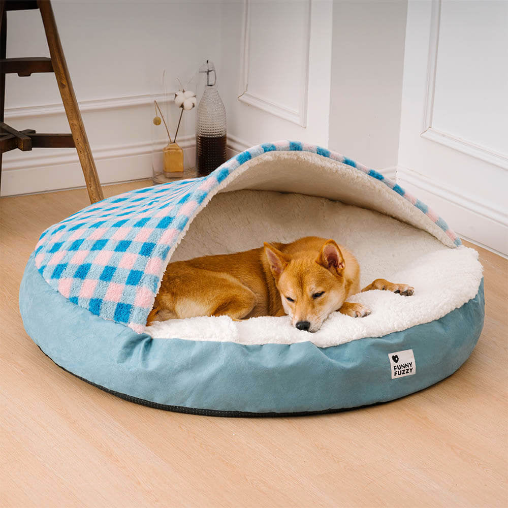 Premium Hundebett mit Baldachin & Plüsch. Dieses gemütliche Haustierbett ist waschbar & sehr robust.
