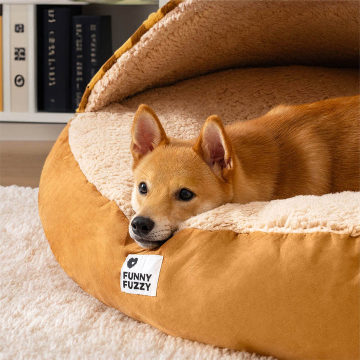 Hochwertiges Plüsch-Hundebett mit Baldachin, waschbar & ideal als kuscheliger Hundeschlafplatz.