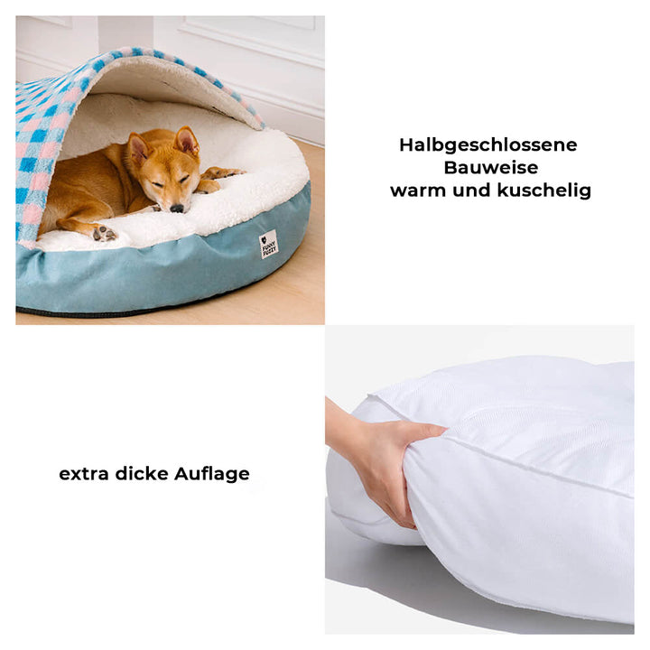 Elegantes Hundebett mit Baldachin, weicher Plüsch. Ein stilvoller & komfortabler Schlafplatz für Hunde.