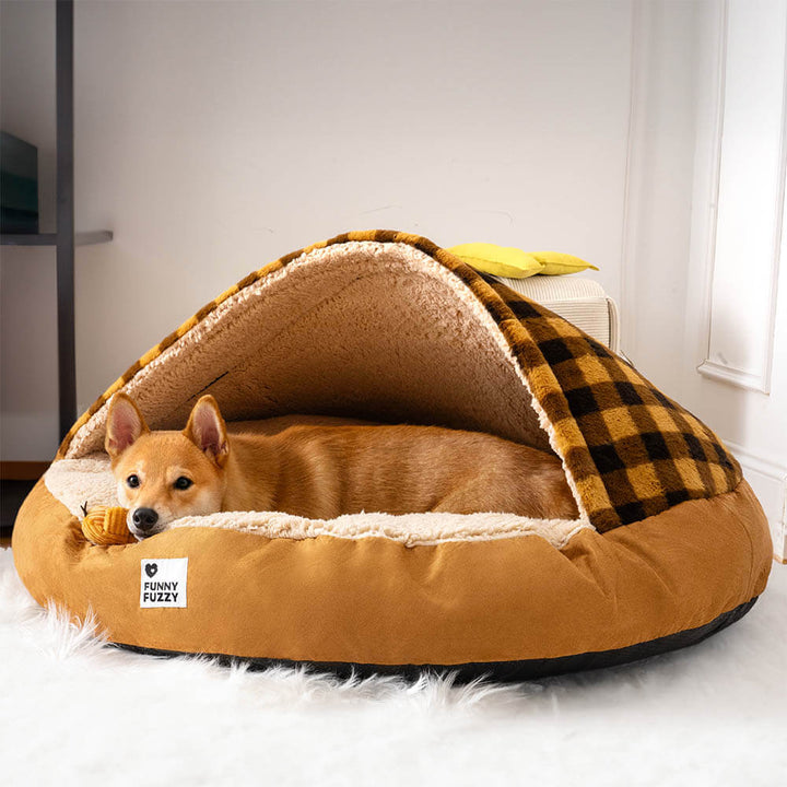 Leicht waschbares Plüsch-Hundebett mit Baldachin. Hygienisches & gemütliches Tierzubehör für Hunde.
