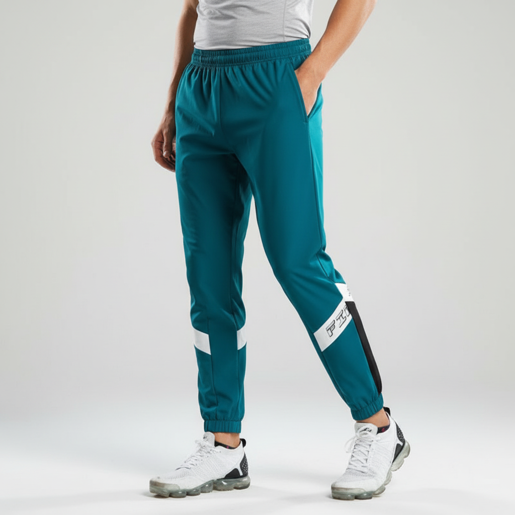 Männermodell trägt atmungsaktiven Zweiteiler Sportanzug mit markantem Farbblock Design aus Baumwollmix.
