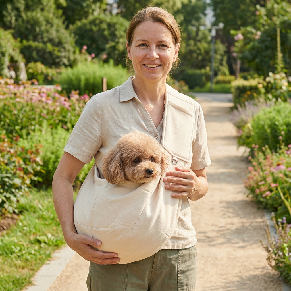 Frau trägt ihren Welpen im grauen Hunde-Schulterrucksack auf einem Wanderweg. Ideal für unterwegs.