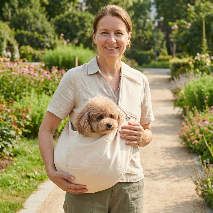 Frau trägt ihren Welpen im grauen Hunde-Schulterrucksack auf einem Wanderweg. Ideal für unterwegs.