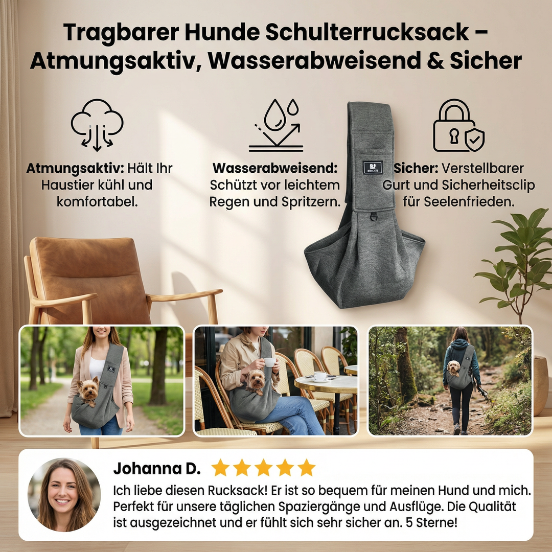 Gepolsterte Schultergurte des Hunde-Schulterrucksacks für hohen Tragekomfort bei langen Spaziergängen.