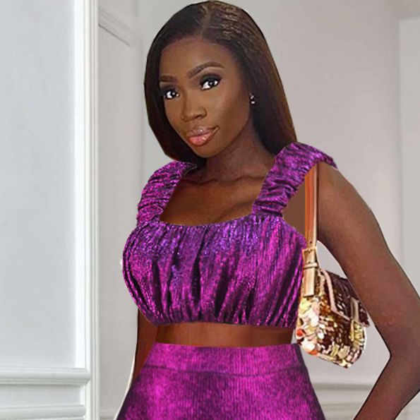 Magenta glitzerndes Damen Bustier mit eleganten Rüschen, perfekt für festliche Partys.