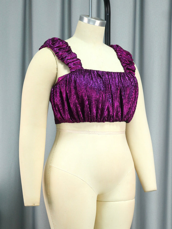 Elegantes magenta Glitzer-Oberteil für Damen mit Rüschen, perfekt für Party & festliche Anlässe.