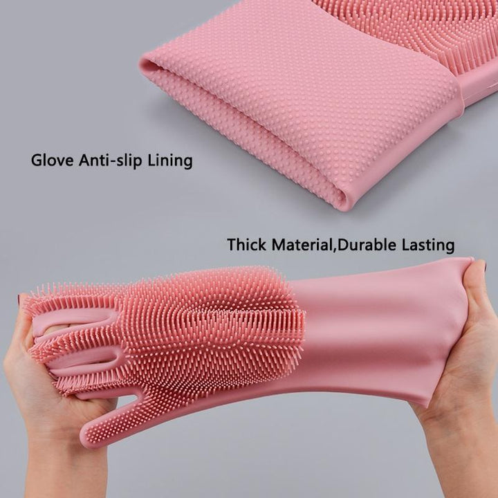 Wiederverwendbare Silikon-Spülhandschuhe mit Borsten für Geschirr & Küche. Einfach abwaschen & putzen.