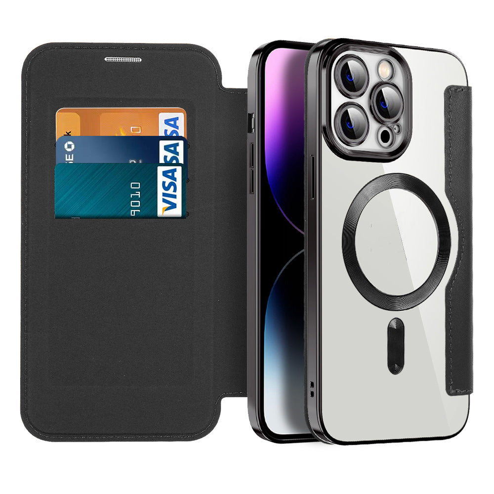 Offenes Flip Case für iPhone mit praktischem Kartenfach und RFID-Blocker. Perfekt für den Business Look & Schutz.