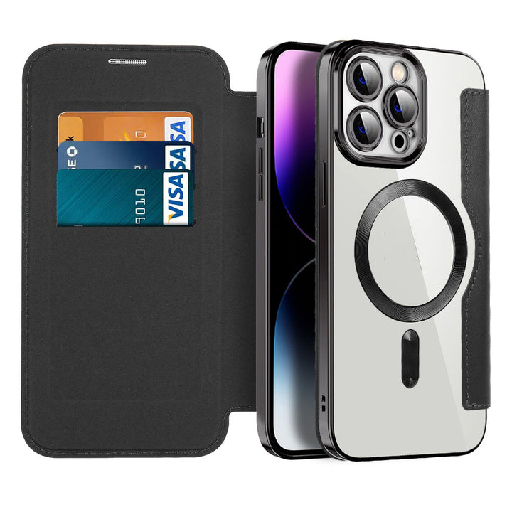 Offenes Flip Case für iPhone mit praktischem Kartenfach und RFID-Blocker. Perfekt für den Business Look & Schutz.