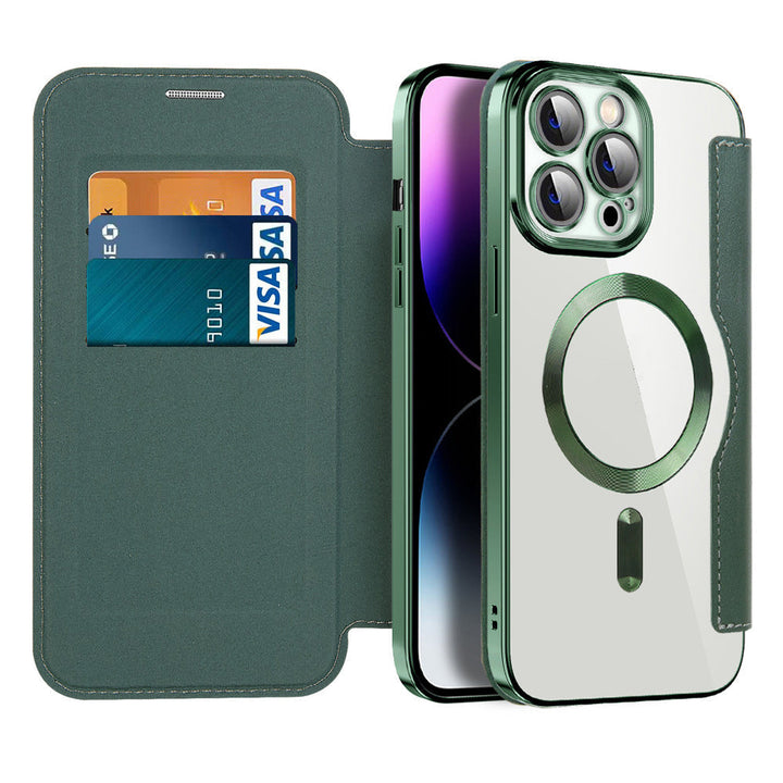 Rückseite des magnetischen Flip Case für iPhone mit präzisem Kameraausschnitt. RFID- & Kartenschutz, stoßfest.
