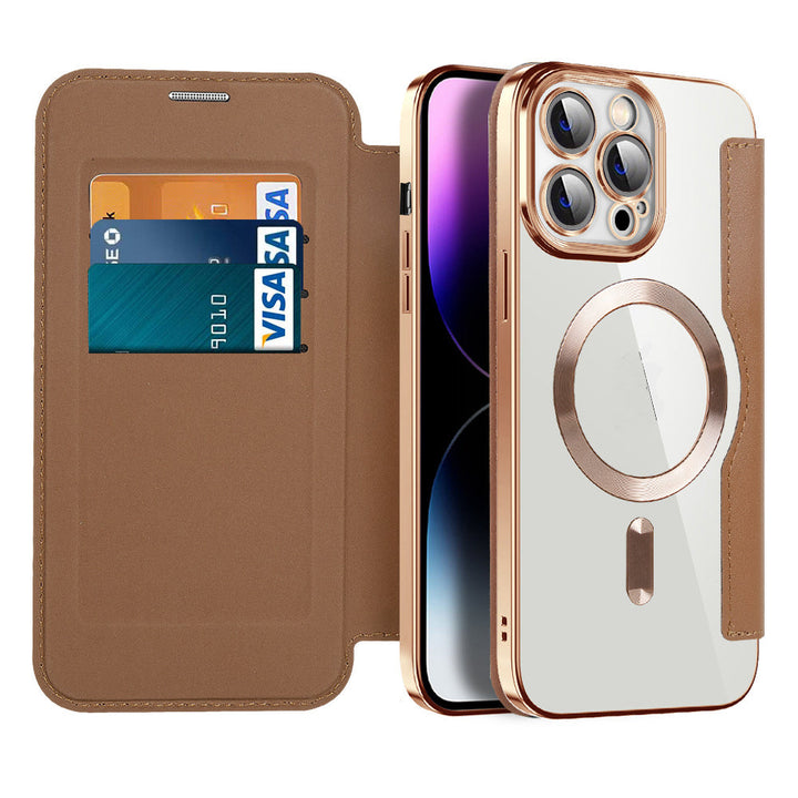 Elegante magnetische Flip Hülle mit Business Look, Kartenfach & RFID-Schutz. Passend für iPhone 15/14/13/12.