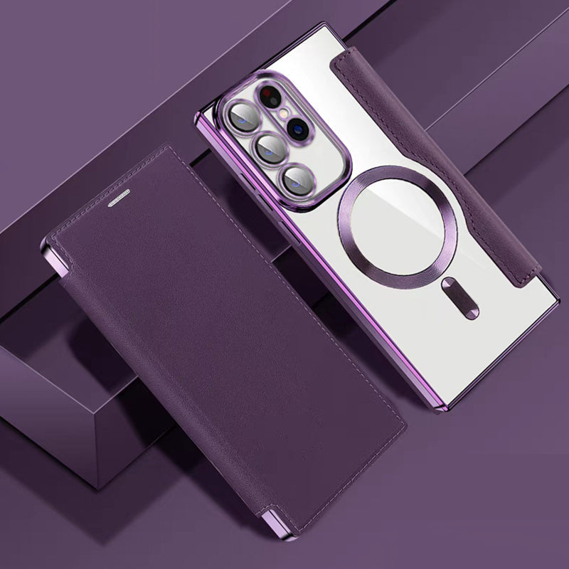 Magnetische Samsung Flip-Hülle in Lederoptik mit Ringhalter, Schutz für S24, S23, S22.