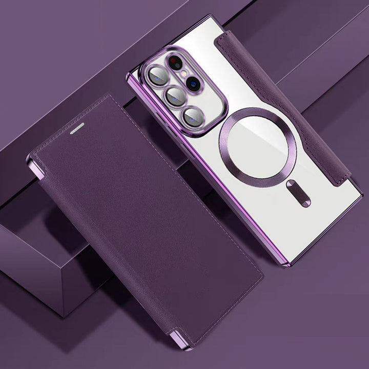 Magnetische Samsung Flip-Hülle in Lederoptik mit Ringhalter, Schutz für S24, S23, S22.