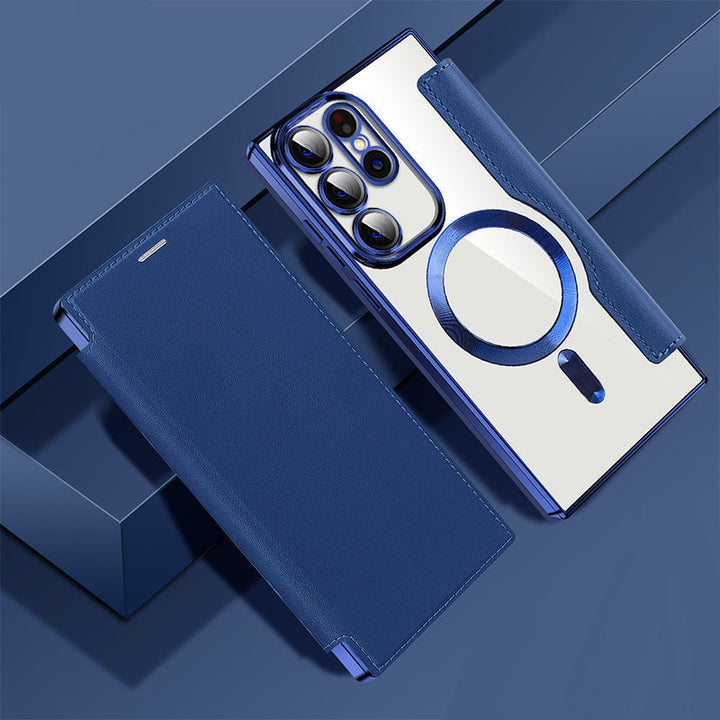 Vielseitige Samsung Flip-Hülle mit Magnetverschluss, Ringhalter, Kartenfach und Standfunktion, Lederoptik.