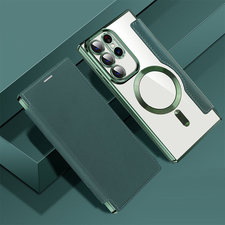 Magnetische Samsung Flip-Hülle mit Lederstruktur, Ringhalter & RFID Schutz für S24, S23, S22 Modelle.