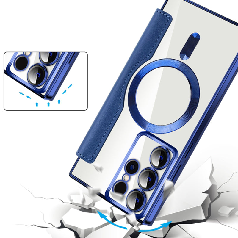 Samsung S24 Flip-Hülle mit Magnetverschluss, Ringhalter, Kartenfach und Lederstruktur für optimalen Schutz.