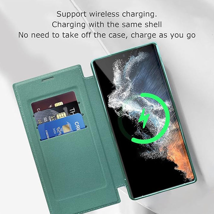 Samsung S22 Flip-Hülle mit Ringhalter, Lederstruktur, Magnetverschluss, RFID Schutz und Standfunktion.