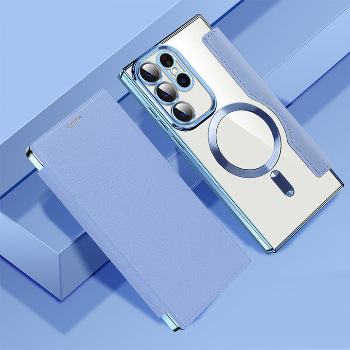 Geschlossene Samsung Flip-Hülle mit Lederstruktur, Ringhalter und Magnetverschluss für sicheren Halt.