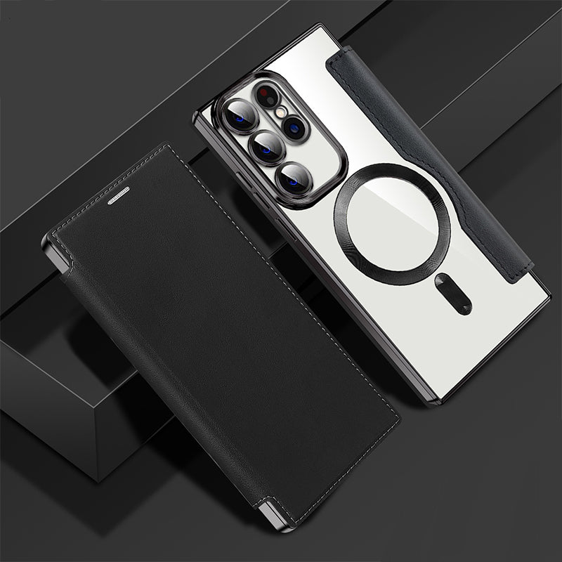 Offene Samsung Handyhülle mit Ringhalter, Standfunktion und sichtbarem Kartenfach, elegant in Lederoptik.