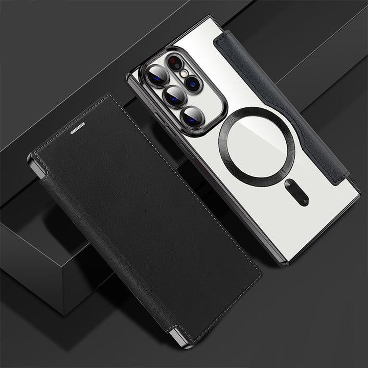 Offene Samsung Handyhülle mit Ringhalter, Standfunktion und sichtbarem Kartenfach, elegant in Lederoptik.