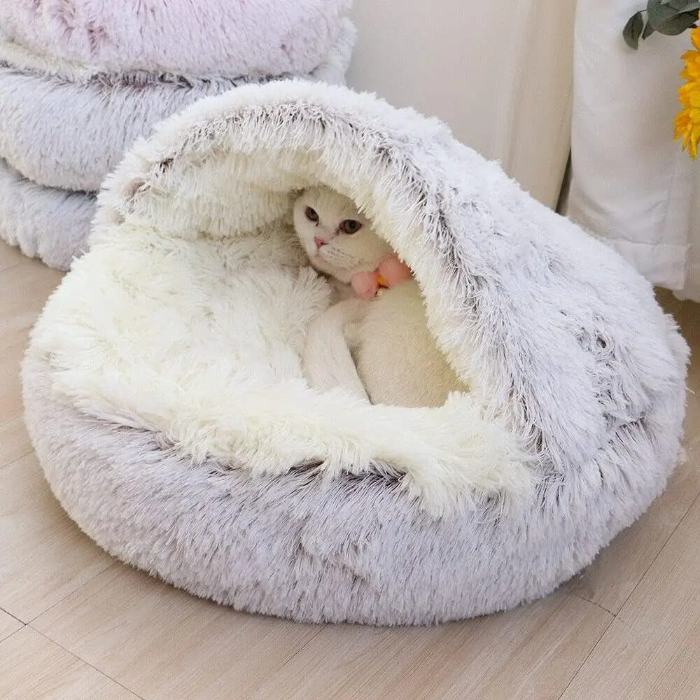 Weiches Haustierbett in Grau-Rosa, eine gemütliche 2-in-1 Kuschelhöhle für entspannte Katzen.